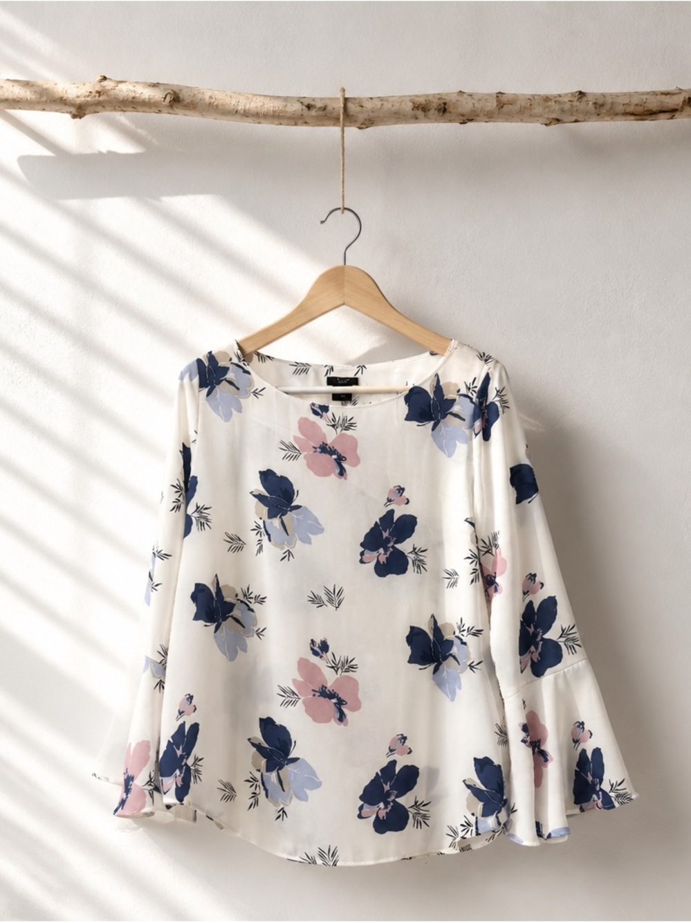 Women's Floral Bell-Sleeve Top - White with Navy & Pink